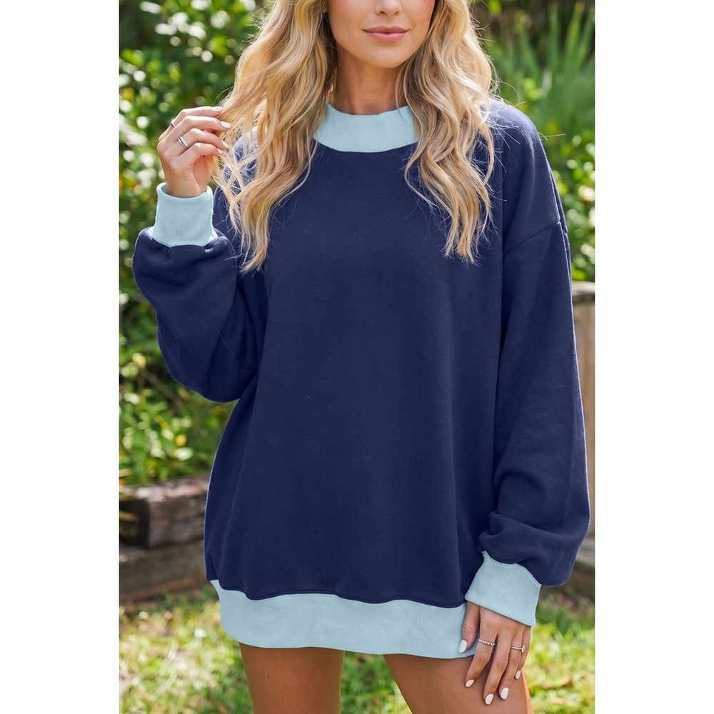 Colorblock Trim Crewneck Long Sleeve Pullover Sweatshirt - Small